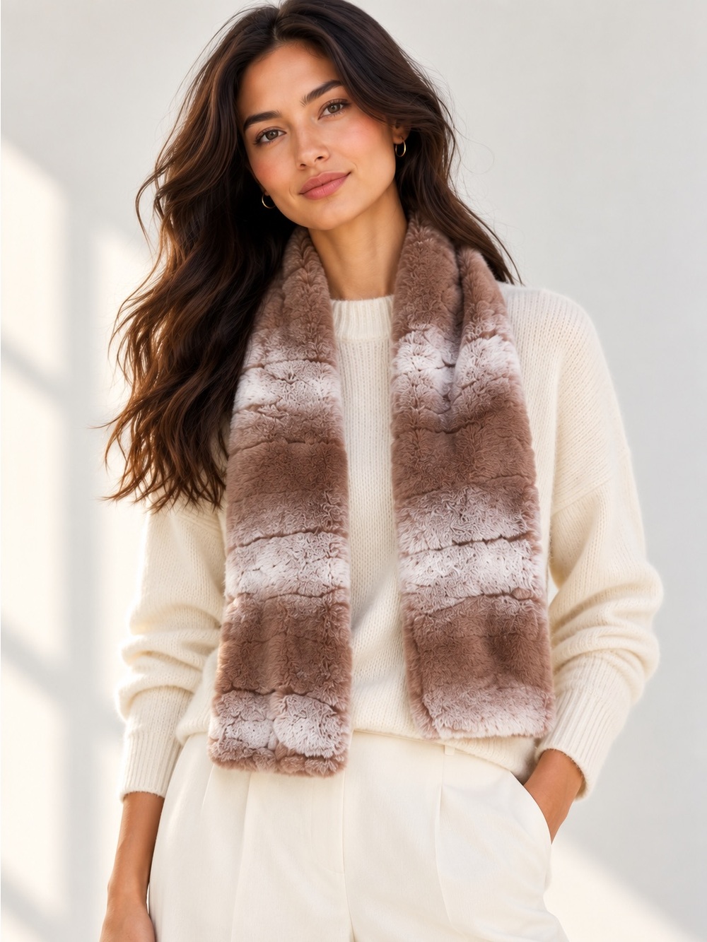 Cozy Faux Fur Scarf Taupe Ivory Ombre Plush Winter Wrap Stole 60"